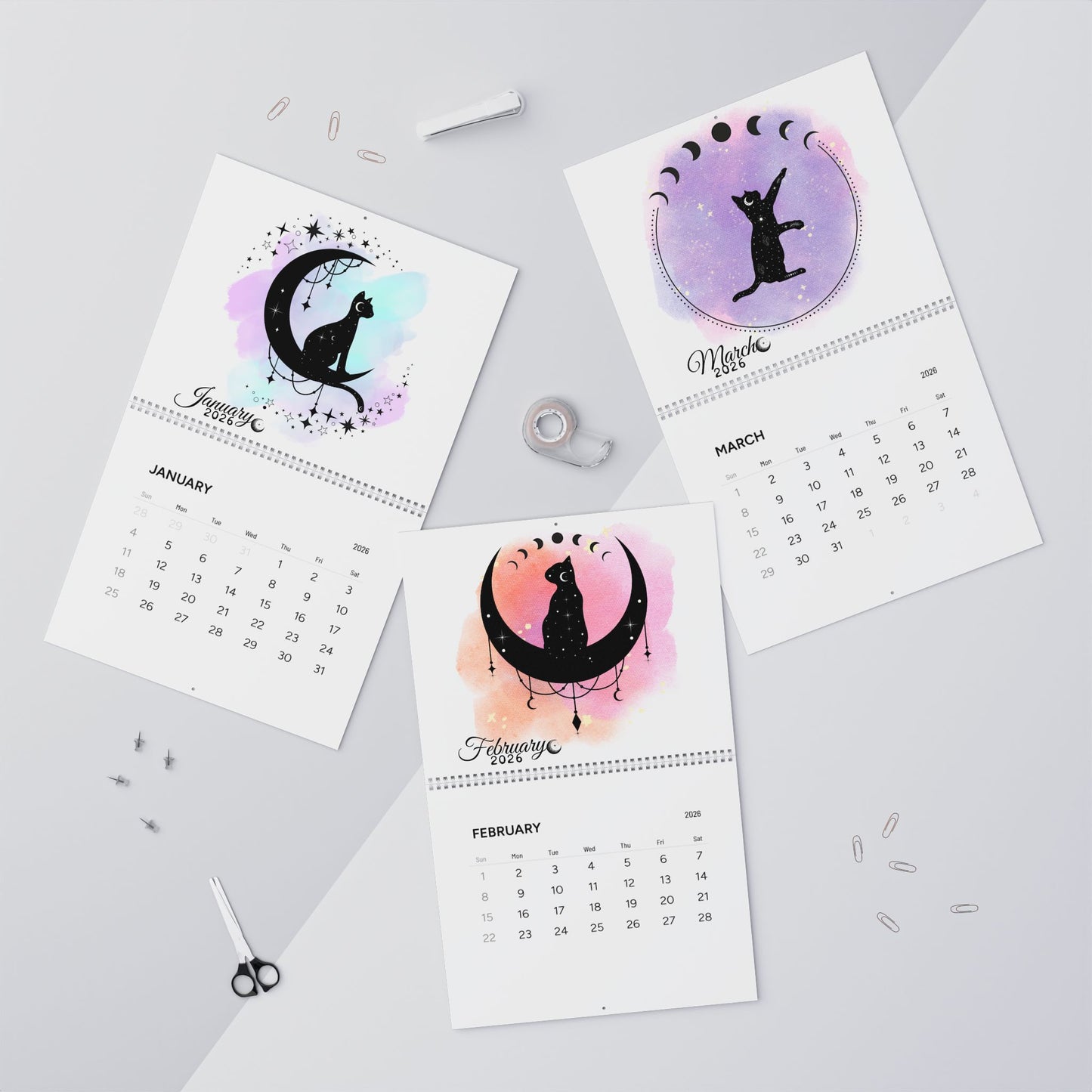 2026 Moon Cat Wall Calendar — Cute Celestial Monthly Planner