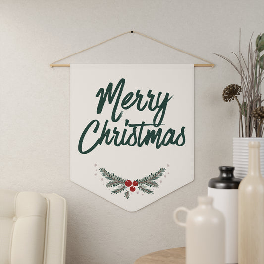 Merry Christmas Pennant | Holiday Wall Banner with Pine & Berries